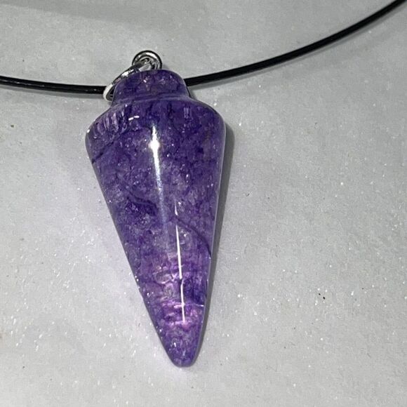 Purple Crystal Quartz Point Pendulum Necklace, Set On 18” Black Wire - Picture 6 of 6